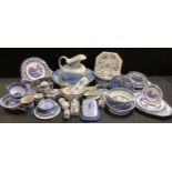 Willow pattern and other blue and white table ware including cheese dish, various plates and