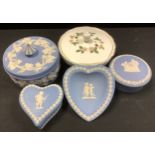 A Wedgwood Jasperware powder bowl and cover, two trinket pots and covers, etc; a Wedgwood Wild