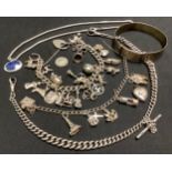 A silver charm bracelet; silver Albert; silver bracelet; etc