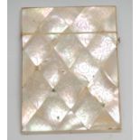 A Victorian mother of pearl rectangular visiting card case, veneered with alternating lozenges and