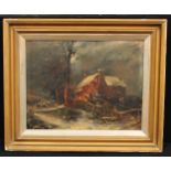 W Lambert 1861 Evening Winter Cottage Scene signed, oil, 34cm x 44cm