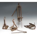 Gamekeeping - a 19th century Anglo Impassable mole trap, 50cm long; another, scissor action, 14.