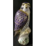 A Royal Crown Derby paperweight, Peregrine Falcon, gold stopper, 20cm, printed mark, boxed