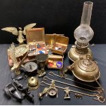 Metal Ware - a copper ceiling lamp; a counter bell, cigarette cases, brass eagle models, etc