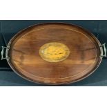 A 19th century mahogany oval tray inlaid with shell patera, brass handles, 60cm long