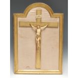 A giltwood and faux ivory corpus Christi, arched mount, 55cm x 38cm