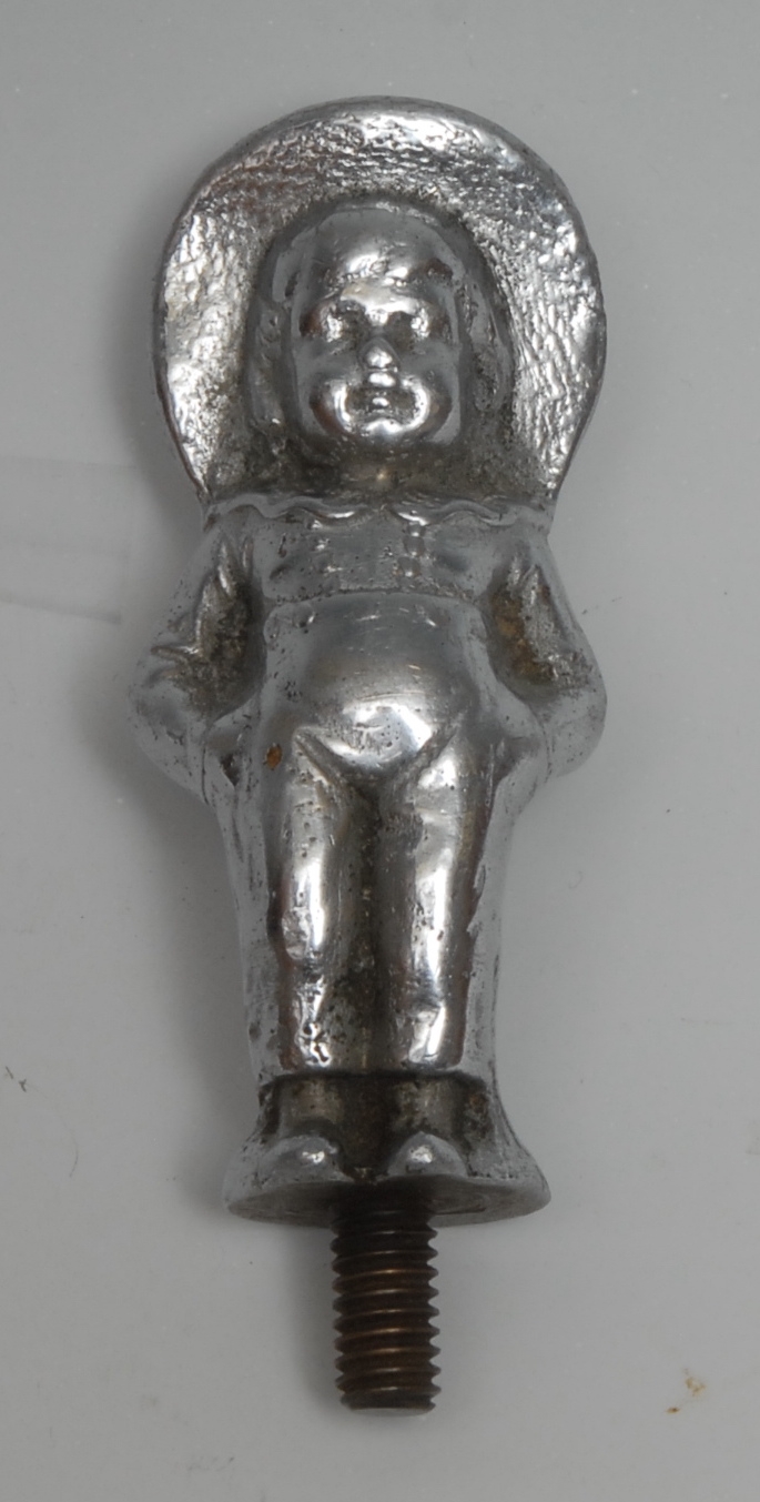 Automobilia - a chrome car mascot, cast as a young boy wearing a broad hat, 8.5cm high, mid 20th