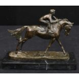 Modern School - a brown patinated equestrian bronze, Horse and Jockey, marble base, 30.5cm long