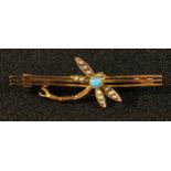 A 9ct gold dragonfly bar brooch, set with central turquoise and seed pearls, 5cm, 3g