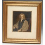 English School, portrait of Bishop de la Marche, labels to verso, over painted print, 22.5cm x