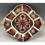 A Royal Crown Derby Imari 1128 pattern two handled acorn dish, 23cm wide, first quality