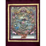 A Tibetan thangka, central panel with Thangka Wheel of Life, approximately 130cm x 85cm