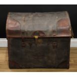 A 19th century leather and canvas coaching trunk, hinged cover enclosing a lift-out tray, carry