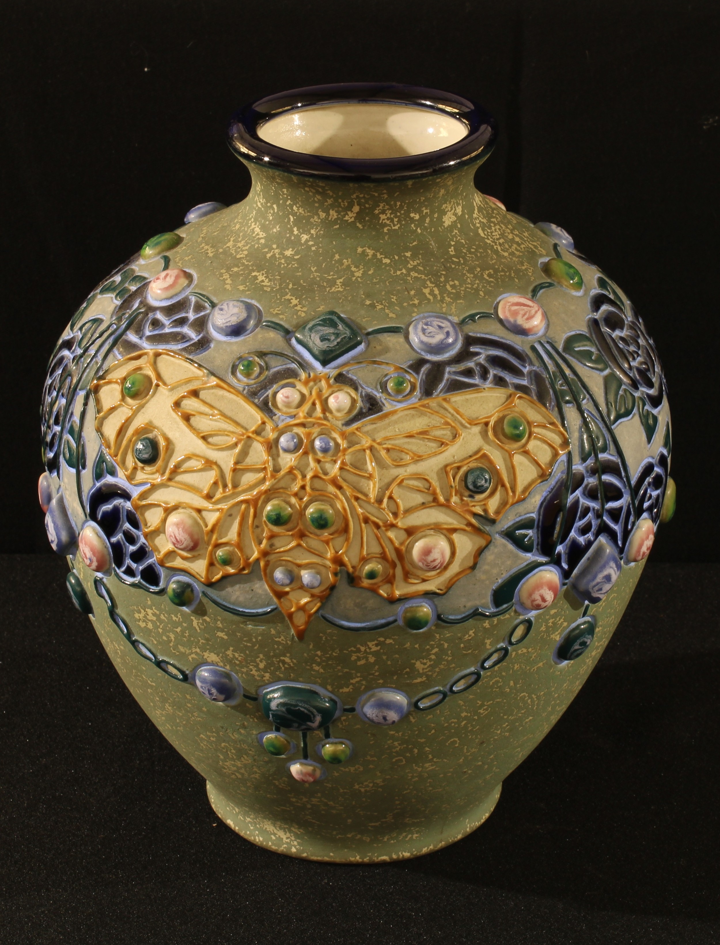 A Czech Amphora Art Nouveau jewelled butterfly vase, 22cm high