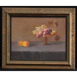 English School Still Life, tazza with fruit indistinctly signed MDJ, oil, 18cm x 23cm