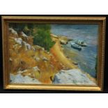 Leslie Coldrick Beach Cove, Halki signed, label to verso, oil on board, 39cm x 56cm