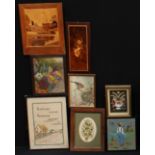 Pictures and Prints - two marquetry panels; a shell picture; four embroideries; etc (8)