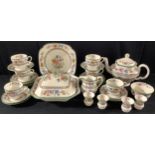 A Copeland Spode Chinese Rose pattern teapot, milk and sugar, teacups and saucers, tea plates,