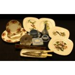 Ceramics - a Wedgwood blue Jasperware teacup and saucer; bottle vase; trinket box; Wedgwood