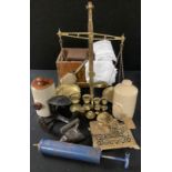 Boxes and Objects - a set of brass balance scales; brass weights; a Victorian brass set of postal
