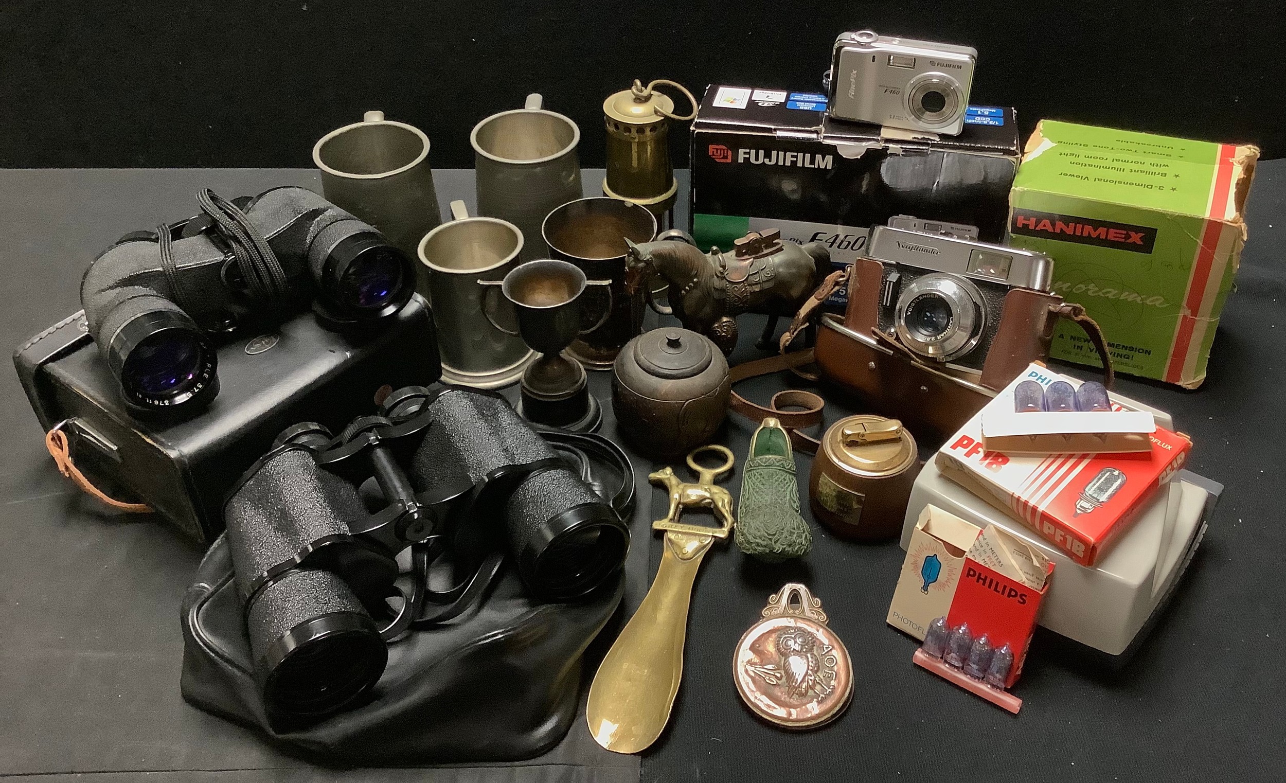 Boxes and Objects - a Voigtlander camera; Tasco binoculars; Swift binoculars; pewter mugs; a