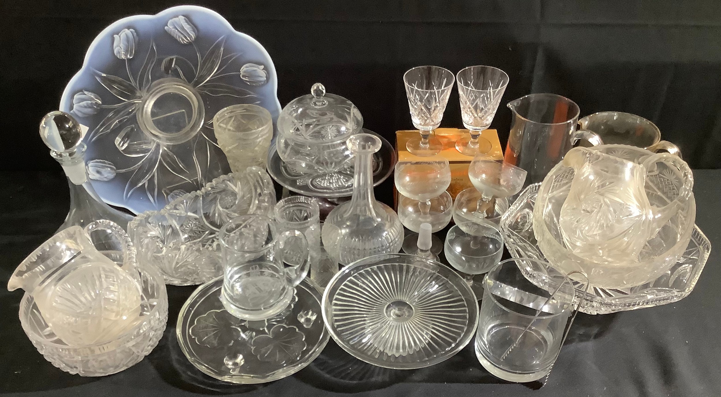 Glassware - a heavy cut glass jug; various cut glass bowls; vases, glassses; etc