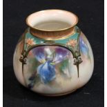 A Hadleys Worcester lobed ovoid vase, decorated in polychrome with irises, 8cm high, printed mark,
