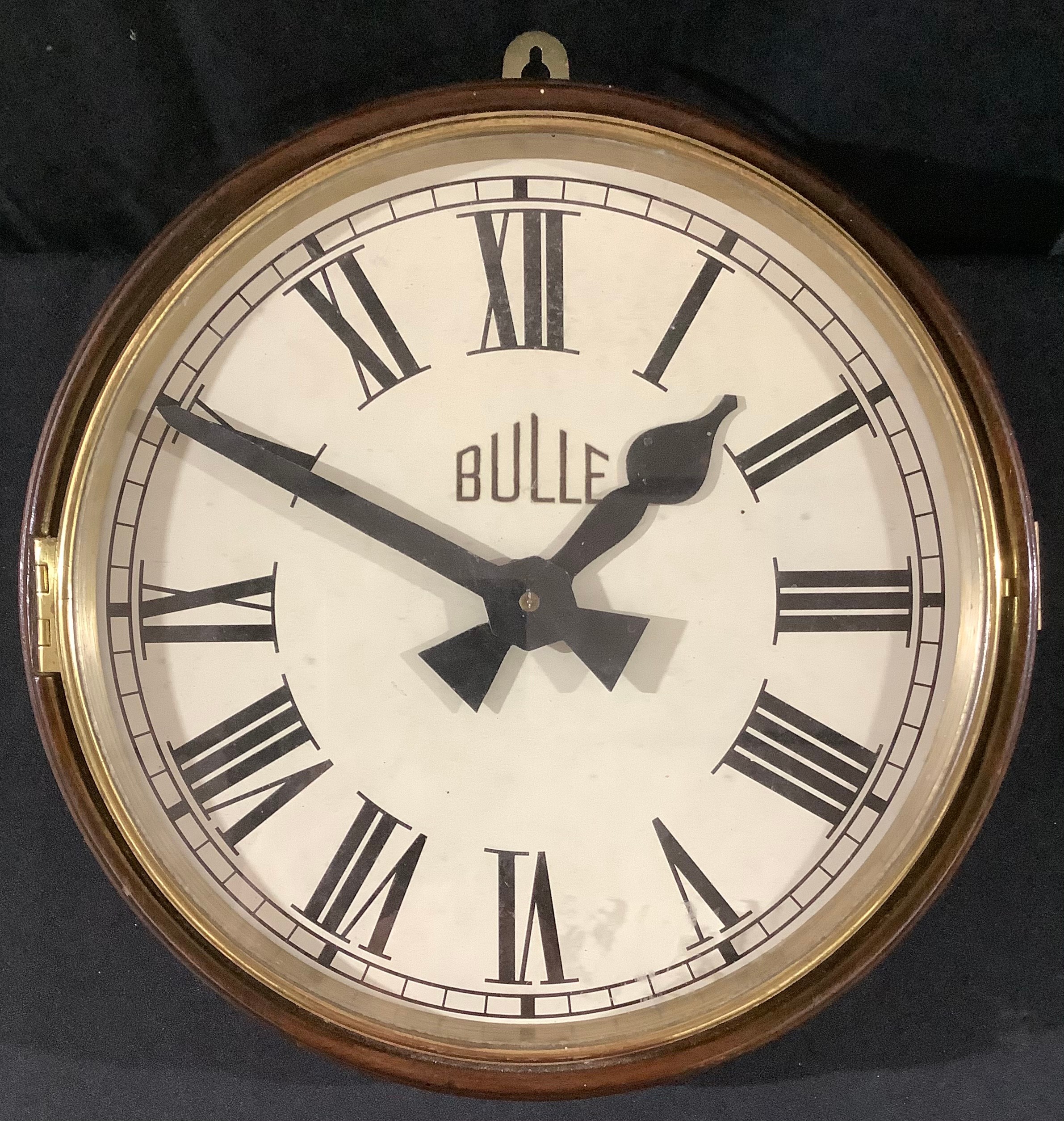 A Bulle circular wall clock, 29cm white dial, Roman numerals, mahogany case