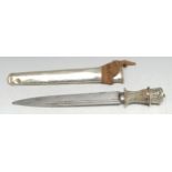 A 19th century Tibetan dagger, 23cm fullered blade, wire-bound grip, silver coloured metal pommel