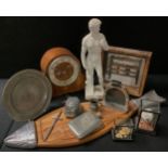 An Art Deco mantel clock; a salmon serving board; a chalk Michelangelo David; pewter plate; hip