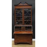 A Sheraton Revival satinwood crossbanded mahogany and marquetry bureau bookcase, swan neck