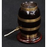 Treen - a lignum vitae novelty string box, as a brass bound barrel and spigot, circular base, 13cm