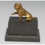 A 19th century dark patinated and gilt bronze encrier, the push-fitting cover surmounted by a dog,