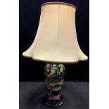 A Moorcroft Western Isles pattern inverted baluster table lamp, wooden base, shade, 62cm overall