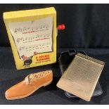 Advertising - a Double Diamond musical box; a Carlsberg note book; a miniature cobbler's shoe