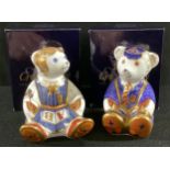 A Royal Crown Derby paperweight, School Boy Teddy, gold stopper, boxed; another, School Girl