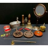 An EPNS caddy, hinged cover; a dressing table mirror, reversible; two hand school bells; a tape