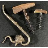 A 19th century direct-pull corkscrew, stag antler handle, 14cm long; another; an unusual opium pipe,