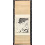A large Chinese picture scroll, illustrated in monochrome pen-and-ink on paper with a bird and