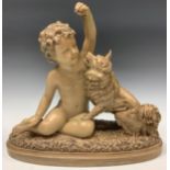 A French terracotta model of a child and dog companion, 37cm wide, 35cm high