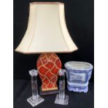 A contemporary table lamp, cream shade; a modern Chinese jardiniere and stand; two glass