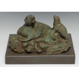 Modern British School, a verdigris patinated bronze, sea lions and pup, rectangular marble base,