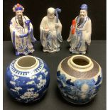 A Chinese blue and white ginger jar; another; a set of three elders, 21cm (5)