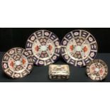 A Royal Crown Derby Imari 2451 pattern rectangular trinket box and cover, pair of plates, tea