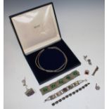 A sterling silver necklace, boxed; a Siam silver bracelet; a silver ring; a silver mounted