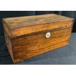 A George/William IV rosewood rectangular tea caddy, hinged cover enclosing a cut glass bowl and a