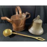 A 19th century copper watering can, 26.5cm high, c.1890; a brass ladle, 41cm long; a bell, 20cm high