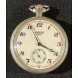 A Sekonda 18 jewel pocket watch, reverse with locomotive