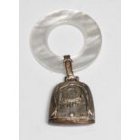 A sterling silver novelty baby's rattle and teething ring, with clock dial and Birth Records