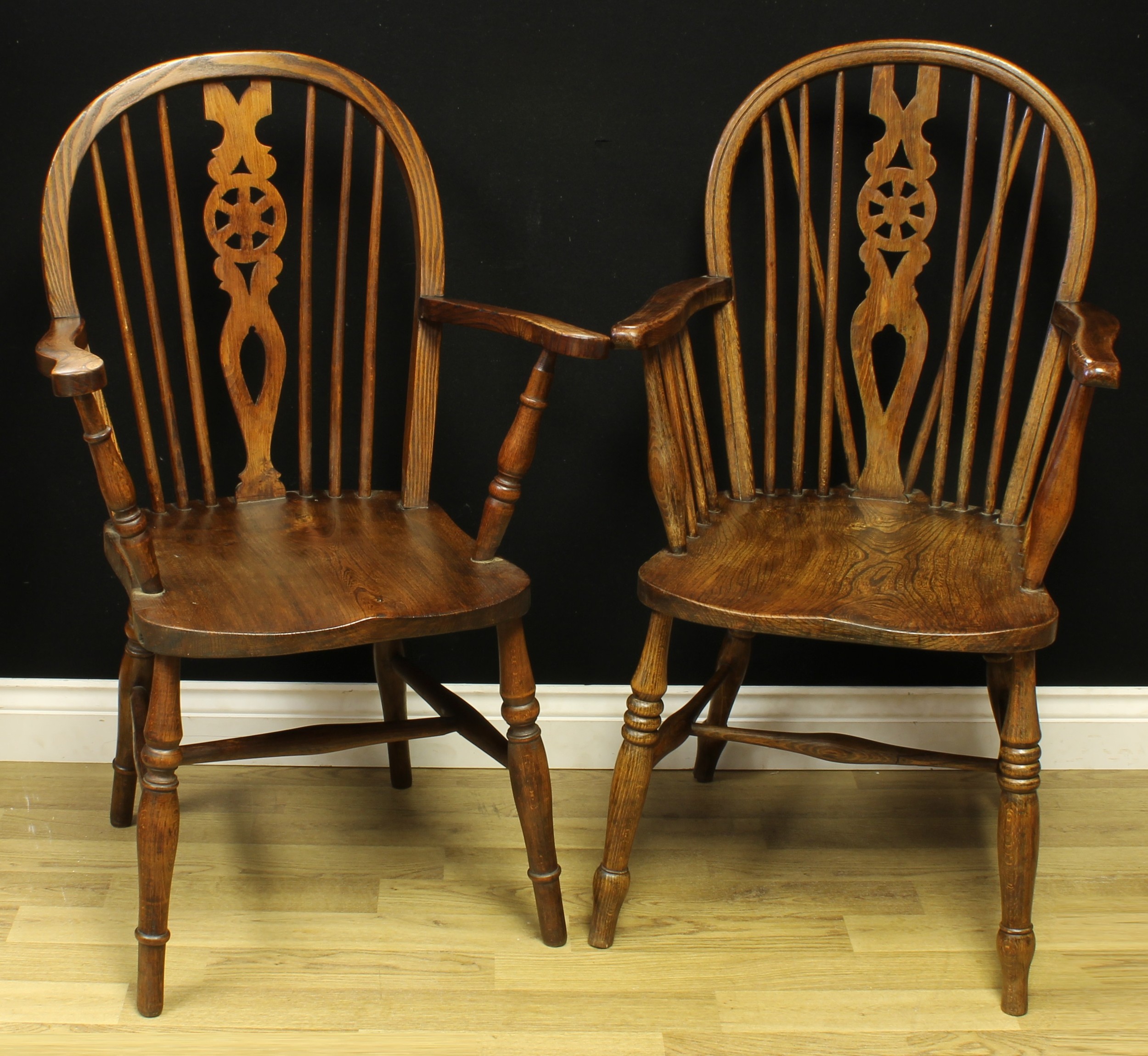 A near pair of wheelback 'Windsor' elbow chairs, 100cm high, 54cm wide, the seat 37cm wide and - Image 2 of 12